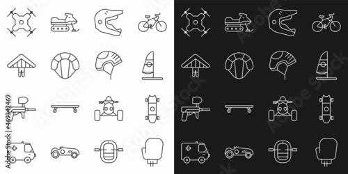 Set line Boxing glove  Longboard or skateboard  Windsurfing  Motocross motorcycle helmet  Parachute  Hang glider  Drone flying and Helmet icon. Vector