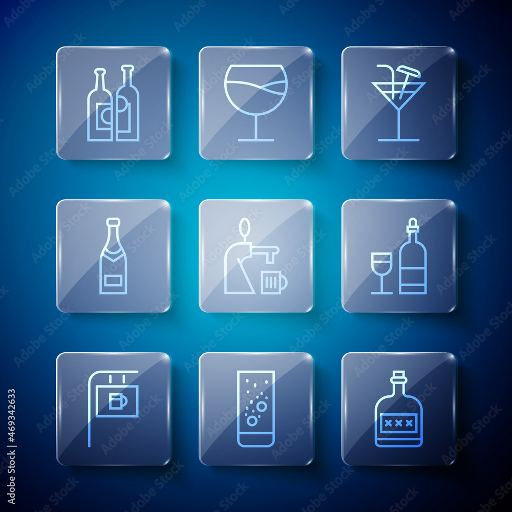 Set line Street signboard with Bar, Effervescent tablets in water, Alcohol drink Rum bottle, Cocktail, Beer tap glass, Champagne, Bottles of wine and Wine icon. Vector Set line Street signboard with Bar, Effervescent tablets in water, Alcohol drink Rum bottle, Cocktail, Beer tap glass, Champagne, Bottles of wine and Wine icon. Vector