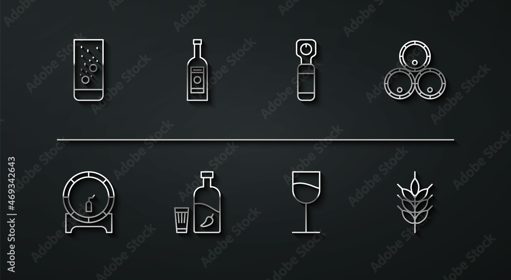 Set line Effervescent tablets in water, Wooden barrel on rack, barrels, Wine glass, Vodka with pepper and, Glass bottle of vodka, Hop and Bottle opener icon. Vector Set line Effervescent tablets in water, Wooden barrel on rack, barrels, Wine glass, Vodka with pepper and, Glass bottle of vodka, Hop and Bottle opener icon. Vector