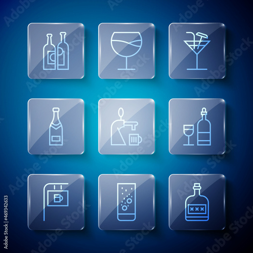 Set line Street signboard with Bar, Effervescent tablets in water, Alcohol drink Rum bottle, Cocktail, Beer tap glass, Champagne, Bottles of wine and Wine icon. Vector