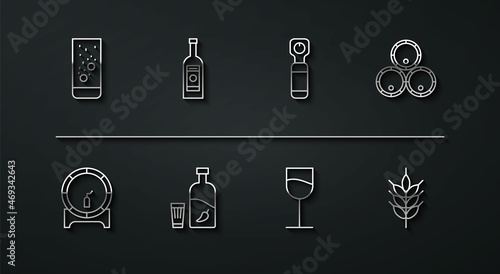 Set line Effervescent tablets in water, Wooden barrel on rack, barrels, Wine glass, Vodka with pepper and, Glass bottle of vodka, Hop and Bottle opener icon. Vector