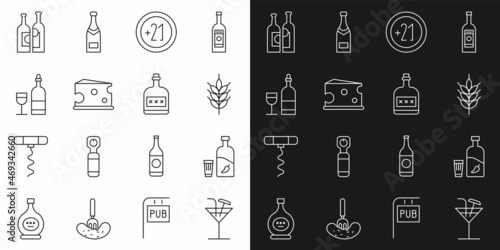 Set line Cocktail, Vodka with pepper and glass, Hop, Alcohol 21 plus, Cheese, Wine bottle, Bottles of wine and drink Rum icon. Vector