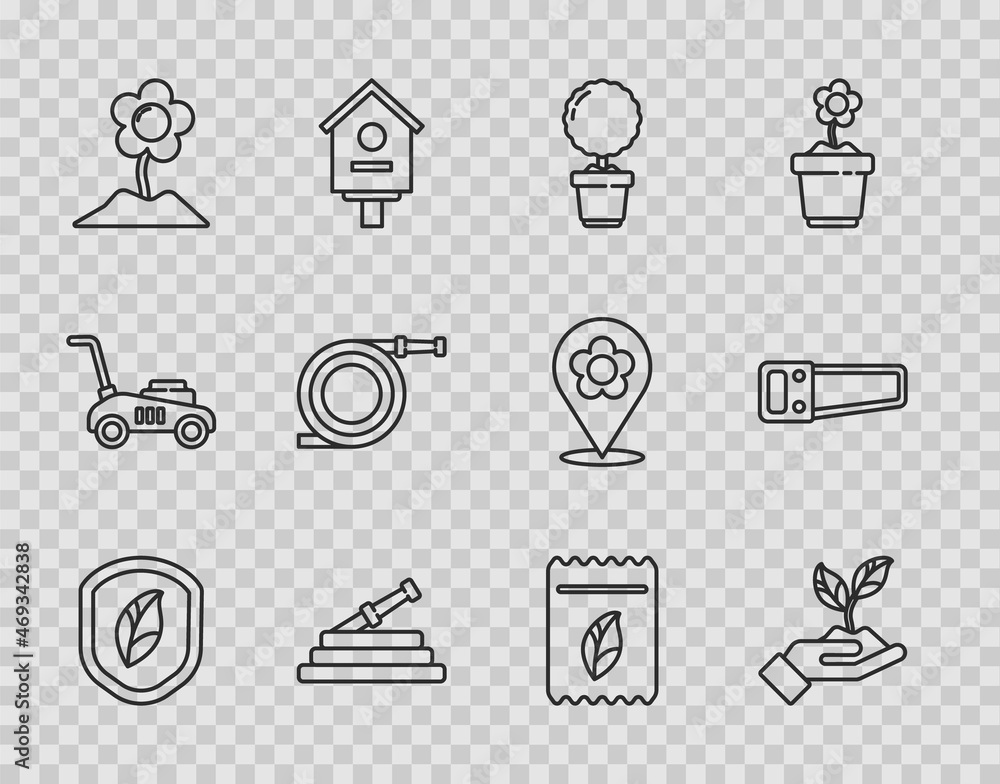 Set line Shield with leaf, Plant in hand of environmental, Flower pot, Garden hose or fire hose, Pack full seeds plant and Hand saw icon. Vector Set line Shield with leaf, Plant in hand of environmental, Flower pot, Garden hose or fire hose, Pack full seeds plant and Hand saw icon. Vector