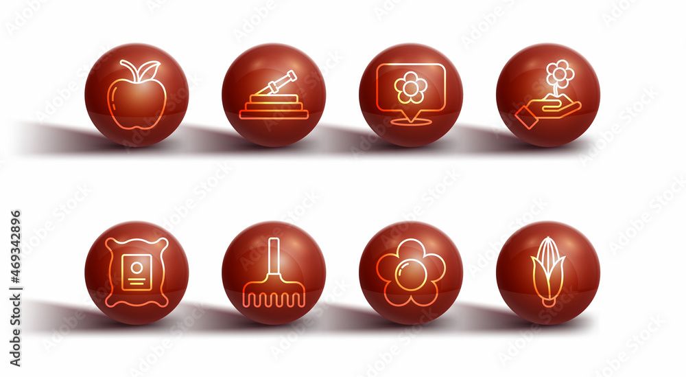Set line Apple, Pack full of seeds of plant, Hand holding flower, Flower, Garden rake, hose or fire hose, Corn and Location with icon. Vector Set line Apple, Pack full of seeds of plant, Hand holding flower, Flower, Garden rake, hose or fire hose, Corn and Location with icon. Vector