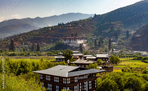 View at the Paro valley and Paro Dzong in Paro, Bhutan, Asia photo