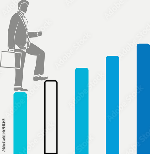 hombre de negocios escalando un gráfico de barra. hombre de traje subiendo escalones. Ganar. 