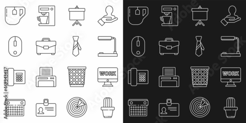 Set line Cactus and succulent in pot, Monitor with text work, Table lamp, Chalkboard diagram, Briefcase, Computer mouse, Cup of tea tea bag and Tie icon. Vector
