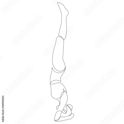 Woman doing headstand yoga pose. Continuous line drawing. Yoga pose stand on the head or Shirshasana. Vector illustration.