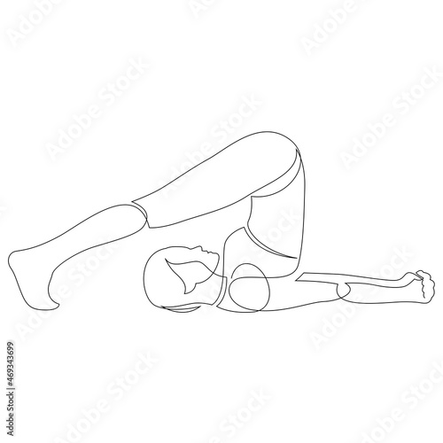 Woman doing yoga plough pose. Continuous line drawing. Linear asana vector illustration.