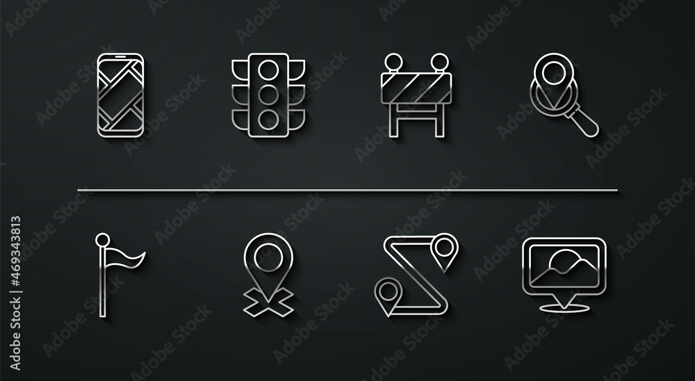 Set line City map navigation, Location marker, Search location, Route, Traffic light, and Road barrier icon. Vector Set line City map navigation, Location marker, Search location, Route, Traffic light, and Road barrier icon. Vector