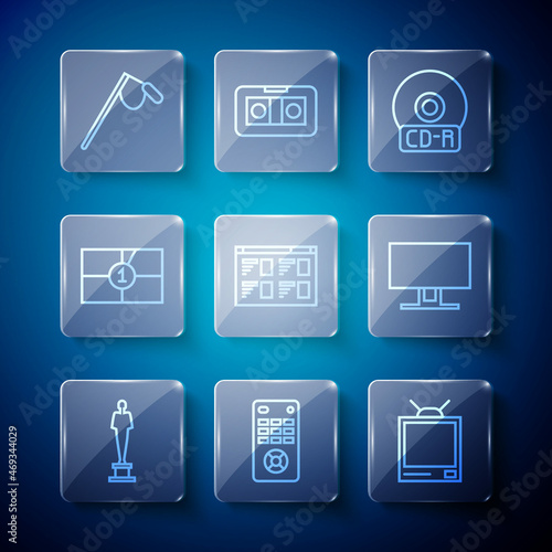 Set line Movie trophy, Remote control, Retro tv, CD or DVD disk, Online play video, Old film movie countdown frame, Microphone and Smart Tv icon. Vector