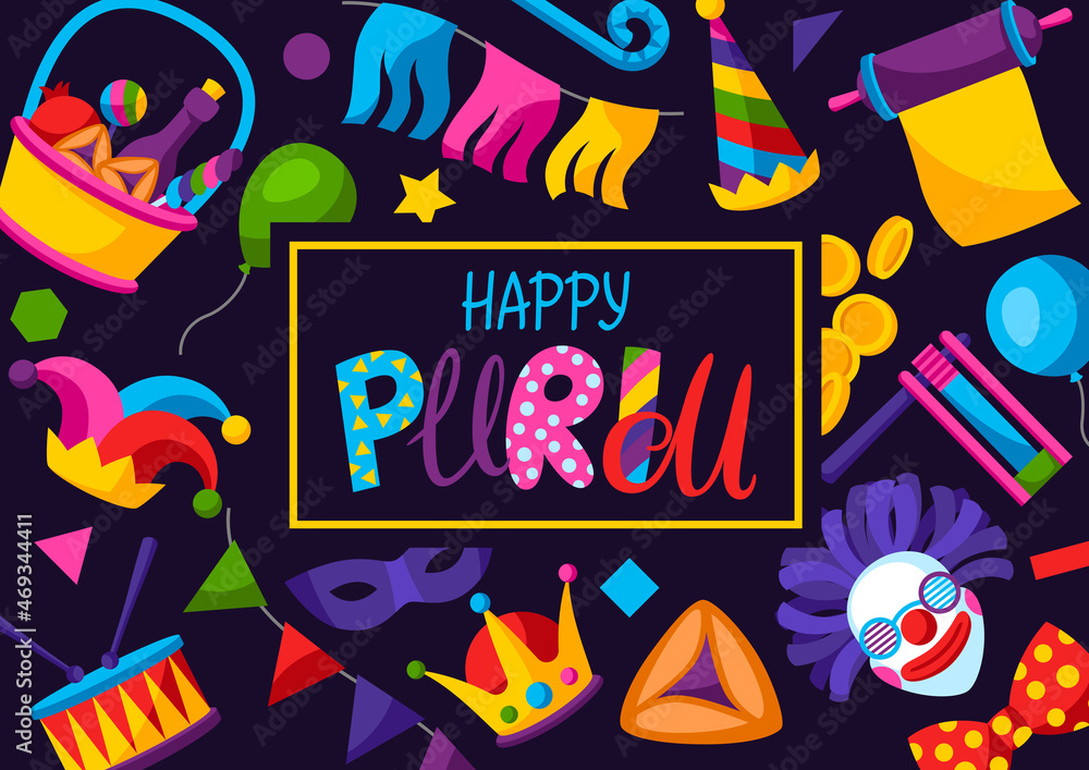 Happy Purim Jewish holiday greeting card. Background with traditional symbols.