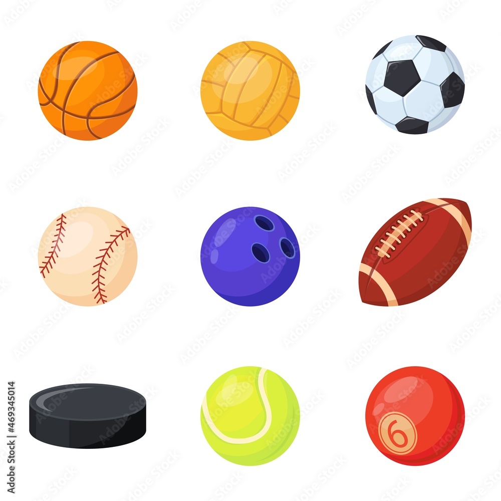 Sports balls. Kit of equipment for games, cartoon hockey, soccer, baseball, basketball, rugby and billiard, tennis and bowling, pool football set, neat flat vector Sports balls. Kit of equipment for games, cartoon hockey, soccer, baseball, basketball, rugby and billiard, tennis and bowling, pool football set, neat flat vector