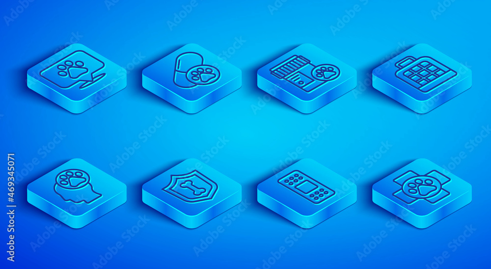 Set line Location veterinary, Dog pill, medicine bottle, Animal health insurance, Bandage plaster, Pet carry case, Human with animals footprint and Veterinary clinic icon. Vector Set line Location veterinary, Dog pill, medicine bottle, Animal health insurance, Bandage plaster, Pet carry case, Human with animals footprint and Veterinary clinic icon. Vector