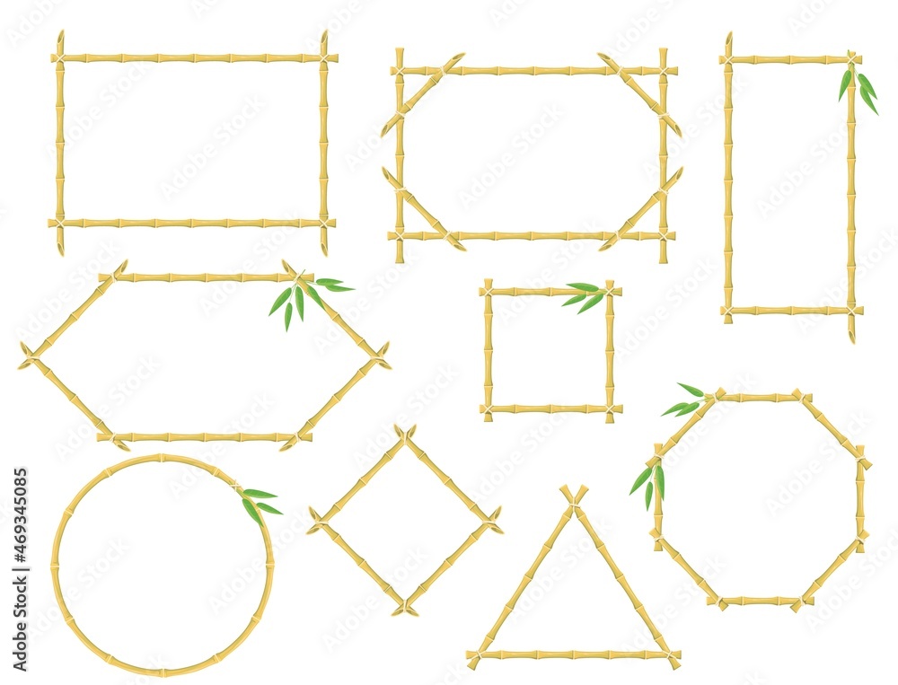 Bamboo frames. Japanese and chinese wooden stick signs, decorative banner borders, cartoon hawaiian signboard neat vector objects Bamboo frames. Japanese and chinese wooden stick signs, decorative banner borders, cartoon hawaiian signboard neat vector objects
