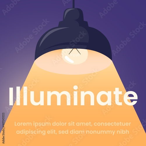 Spotlight banner concept. Lamp light with glowing electric light bulb and bright creative idea message poster, background with place for your personal text, neat vector illustration