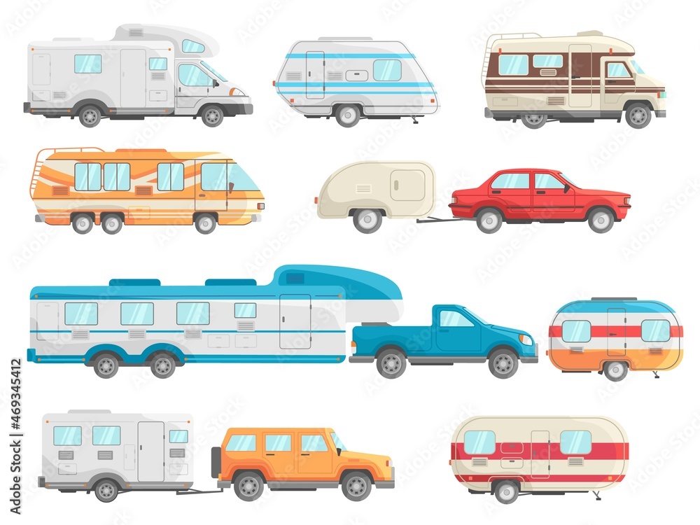 Motorhome cars. Caravan rv campers, retro travel car, vintage trailer caravans, vacation vehicle, motorhomes wheel, road traveler trucks, icon set decent flat vector illustration