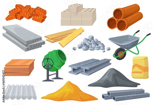 Building materials heaps. Construction material pile of cement stones bricks masonry blocks, metal roof tile, wooden planks, concrete mixer raw, flat cartoon neat vector icons