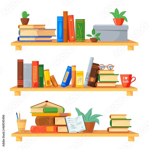 Stacks books shelf. Book interior room library, bookshelf bookcase rack, shelves bookstore office, wall with bookshelves, furniture cabinet, flat icon neat vector illustration