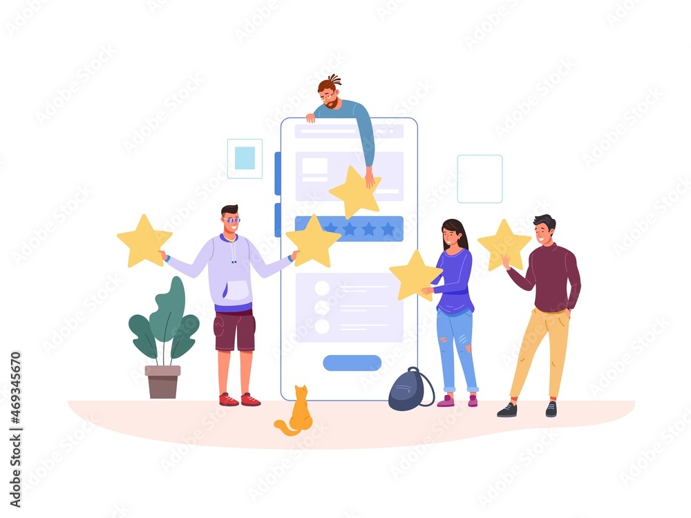 Customers giving five stars. Customer service review, clients feedback, success experience, satisfaction survey, client hand holding star, garish icon vector illustration Customers giving five stars. Customer service review, clients feedback, success experience, satisfaction survey, client hand holding star, garish icon vector illustration