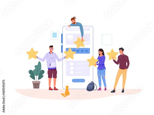 Customers giving five stars. Customer service review, clients feedback, success experience, satisfaction survey, client hand holding star, garish icon vector illustration