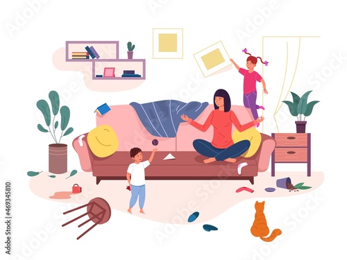 Mom family chaos. Calm mother and naughty children home room, equanimity parent in household, parenting stress, children run and jump indoor mess