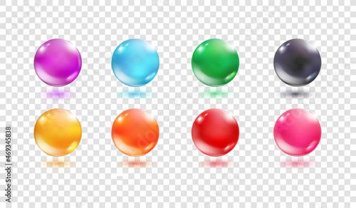 Colorful glass orbs. 3d sphere realistic transparent crystal ball, circle glossy bubble, translucent oil collagen water drop, bead color orange pink red blue