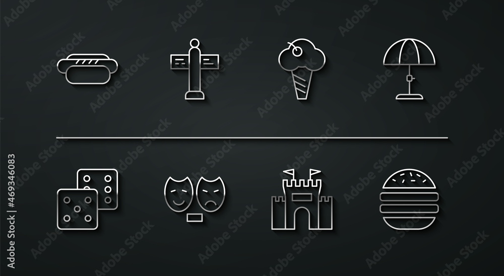 Set line Hotdog, Game dice, Sun protective umbrella, Castle, Comedy and tragedy masks, Road traffic signpost, Burger and Ice cream in waffle cone icon. Vector Set line Hotdog, Game dice, Sun protective umbrella, Castle, Comedy and tragedy masks, Road traffic signpost, Burger and Ice cream in waffle cone icon. Vector