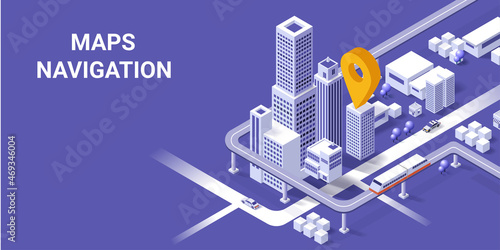 City map route navigation online with point locator, City isometric plan with road and buildings, GPS, World Map, city landmarks. Isometric smart city concept. 3d vector illustration