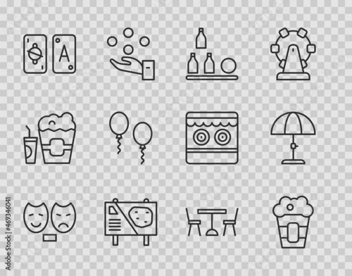 Set line Comedy and tragedy masks, Popcorn in box, Bottles ball, Amusement park billboard, Tarot cards, Balloons, Picnic table with chairs and Sun protective umbrella icon. Vector