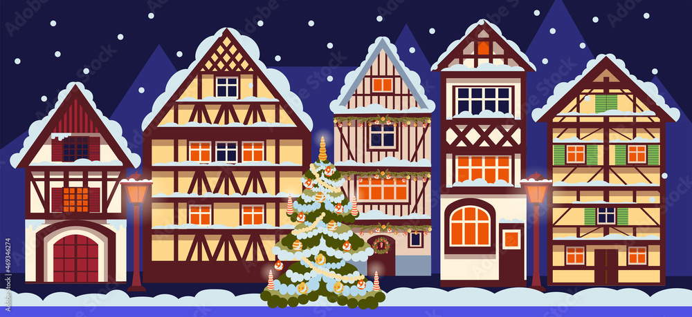 Decorated  european Timber houses. Snowy night in cozy christmas town city panorama. Winter christmas village night landscape. template of horizontal banner. Vector illustration in flat cartoon style.