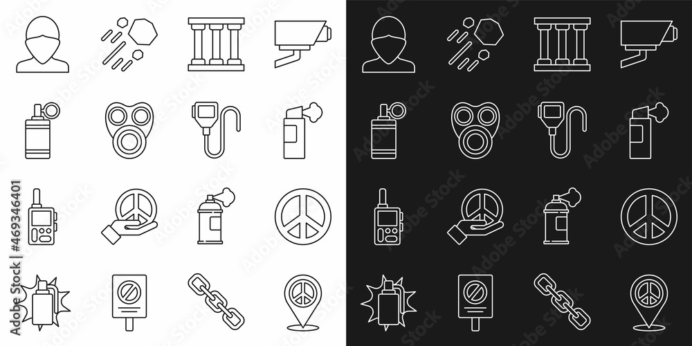 Set line Location peace, Peace, Pepper spray, Prison window, Gas mask, Hand grenade, Vandal and Walkie talkie icon. Vector