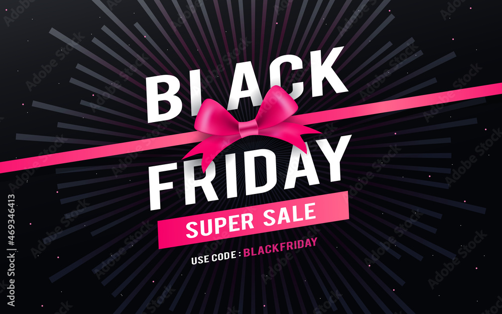 Black Friday Sale Vector illustration. Pink Gift Bow with ribbon on sun rays background - obrazy, fototapety, plakaty 
