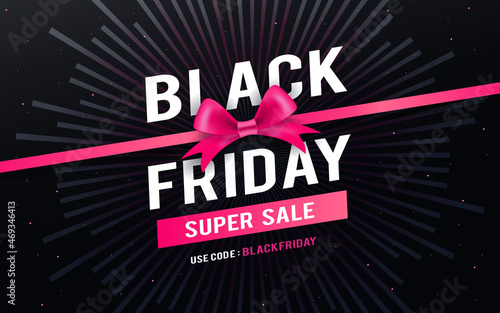 Black Friday Sale Vector illustration. Pink Gift Bow with ribbon on sun rays background