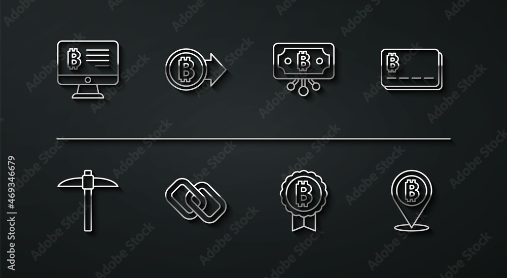 Set line Mining bitcoin from monitor, Pickaxe, Credit card with, Bitcoin, Chain link, and circuit icon. Vector Set line Mining bitcoin from monitor, Pickaxe, Credit card with, Bitcoin, Chain link, and circuit icon. Vector