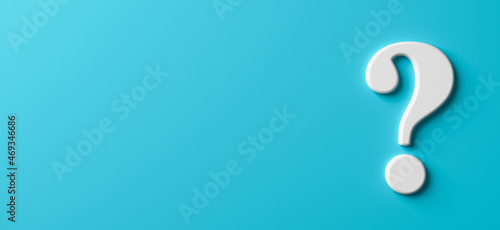 White question mark with shadows on blue background with copy space. 3D rendering.