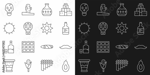 Set line Avocado, Mustache, Tequila bottle, Mexican skull, Sun, Skull and icon. Vector