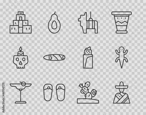 Set line Margarita cocktail, Mexican man sombrero, Pinata, Flip flops, Chichen Itza Mayan, Cigar, Cactus and Lizard icon. Vector