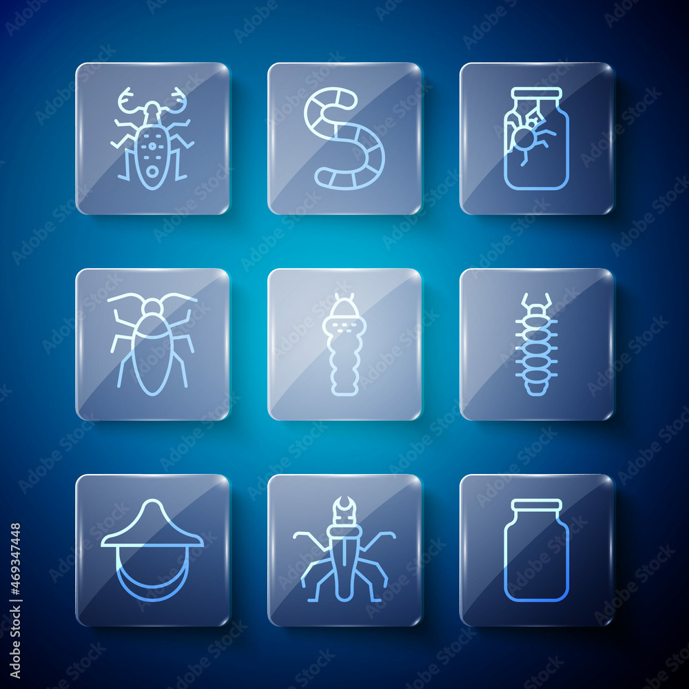 Set line Beekeeper hat, Termite, Glass jar, Spider in, Larva insect, Cockroach, Beetle deer and Centipede icon. Vector Set line Beekeeper hat, Termite, Glass jar, Spider in, Larva insect, Cockroach, Beetle deer and Centipede icon. Vector