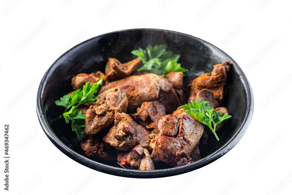 chicken liver food fried or stewed offal meal snack on the table copy space background rustic. top view chicken liver food fried or stewed offal meal snack on the table copy space background rustic. top view