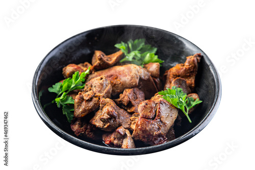chicken liver food fried or stewed offal meal snack on the table copy space background rustic. top view 