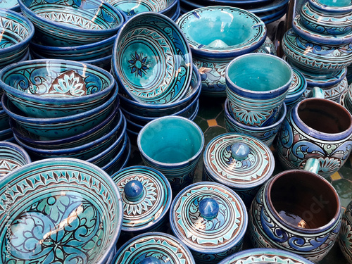 Postcard from Morocco: traditional Moroccan potterty on souvenir stand at Jemaa al Fnaa, Medina, Marrakech photo