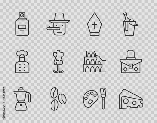 Set line Coffee moca pot, Cheese, Pope hat, beans, Perfume, Mannequin, Paint brush with palette and Handbag icon. Vector