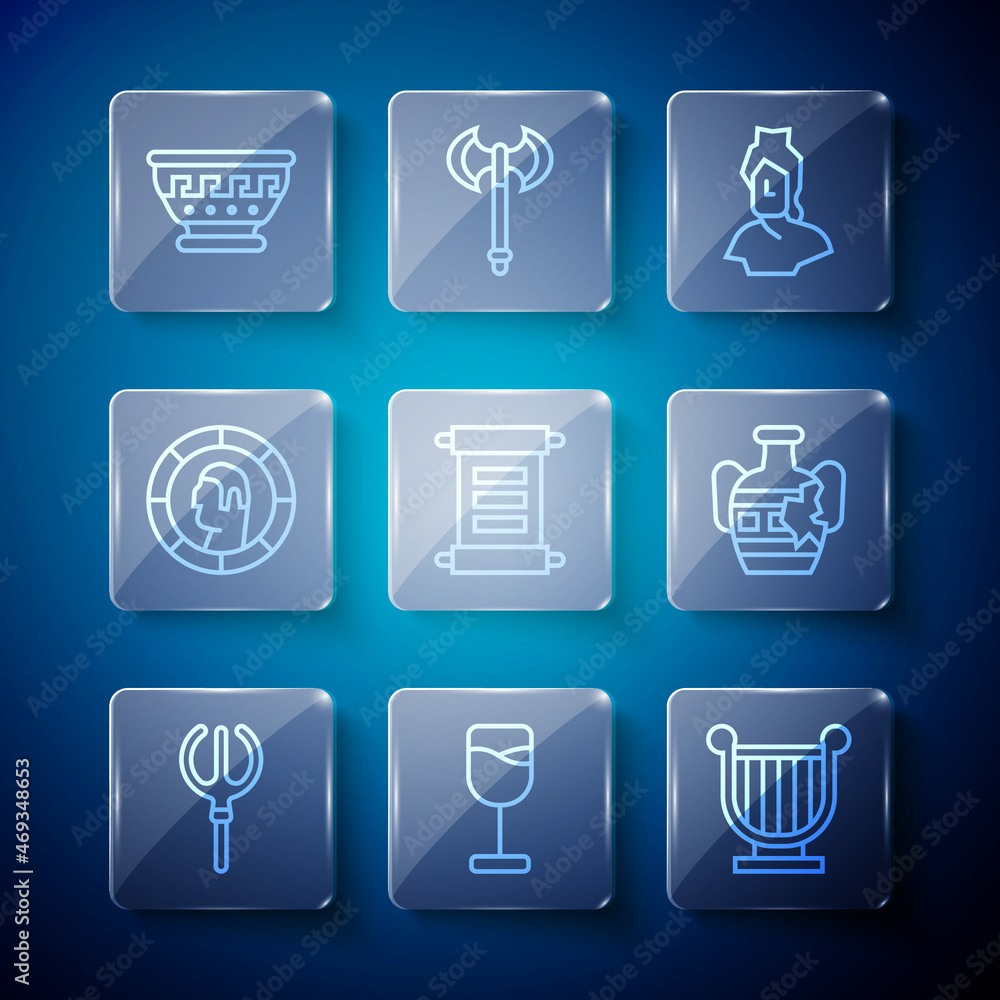 Set line Neptune Trident, Wine glass, Ancient lyre, bust sculpture, Decree, parchment, scroll, Greek coin, ancient bowl and Broken amphorae icon. Vector Set line Neptune Trident, Wine glass, Ancient lyre, bust sculpture, Decree, parchment, scroll, Greek coin, ancient bowl and Broken amphorae icon. Vector