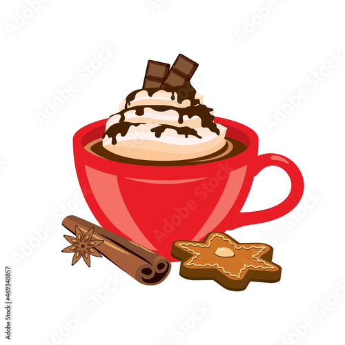 Red mug of hot chocolate with cinnamon and gingerbread icon vector. Cup of cocoa with whipped cream vector. Sweet winter drink icon isolated on a white background. Christmas beverage vector