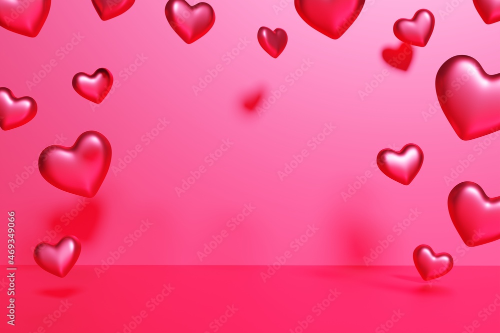 3d render of red flying hearts frame on a pink background