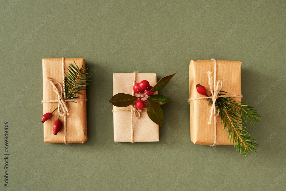 Christmas presents wrapped in ecological paper - zero waste concept Christmas presents wrapped in ecological paper - zero waste concept