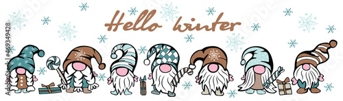 Set of cute gnomes for winter holidays with hats, gift, candies and snowflakes. Can be used for poster, greeting cards, banners and stickers. Vector illustration