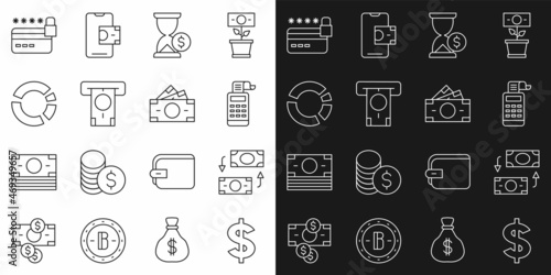 Set line Dollar symbol, Money exchange, Cash register machine, Hourglass with dollar, ATM and money, Pie chart infographic, Credit card lock and Stacks paper cash icon. Vector