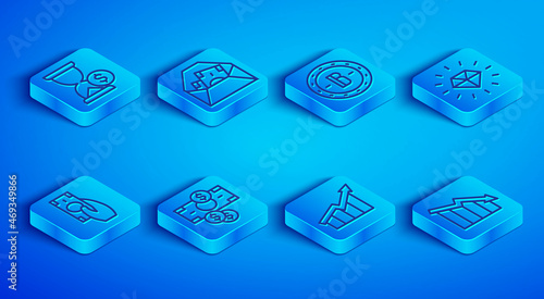 Set line Hourglass with dollar, Envelope symbol, Bitcoin, Stacks paper money cash, Financial growth increase, Diamond, Fast payments and decrease icon. Vector